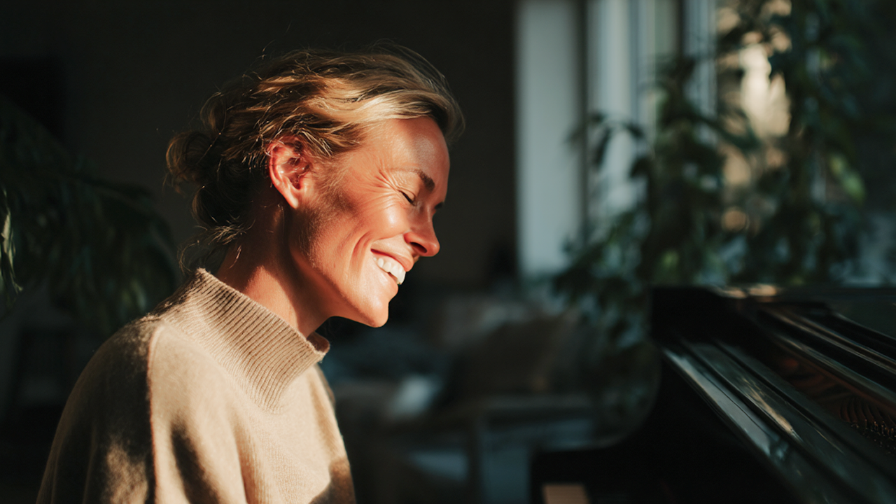 Dame som smiler med sol i ansiktet